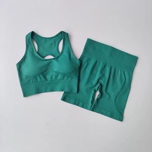 Detail der nahtlosen gerippten High-Waist-Yoga-Shorts und Racerback-Bra in Dunkelgrün