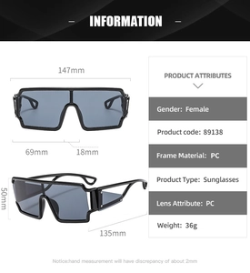 Stylish oversized sunglasses with PC frame and lenses, lightweight 36g design for daily wear.