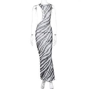 Detail of zebra print mesh dress featuring side cut-outs and slim fit bodycon silhouette
