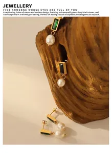 Macro detail of baroque pearl earrings with zircon inlay on natural bark background