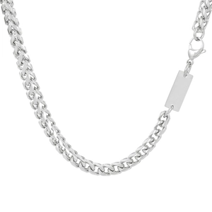 Polished silver stainless steel square tag pendant necklace with Franco chain for men