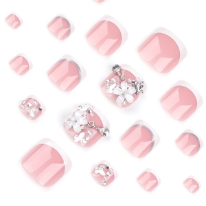 Classic French pink press-on toenails with 3D white flowers, pearls and silver butterflies