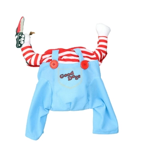 Funny Chucky style dog costume with blue overalls and red striped shirt for small dogs