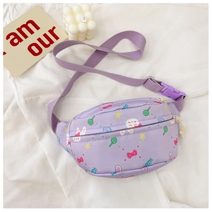 Detailed top view of purple cartoon fanny pack with rabbit prints and adjustable strap