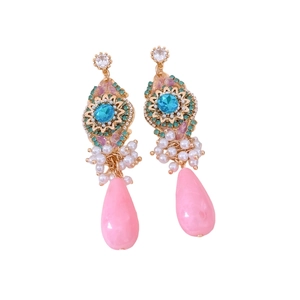 Vintage style drop earrings with blue stones, pink water drop pendants and white pearls