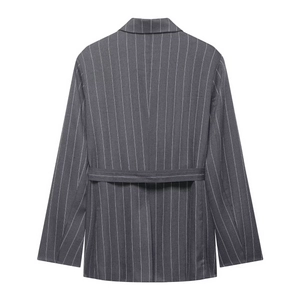 Elegant grey striped suit blazer with belt, professional flat lay back view for women