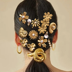 Women Gold Plated Stainless Steel Flower Artificial Pearl Bobby Pin Set Vintage Elegant Ocean Starfish Shell Hair Clip For Party