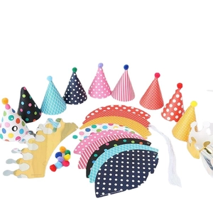 DIY colorful polka dot party hats and gold birthday crowns set for kids with pom poms