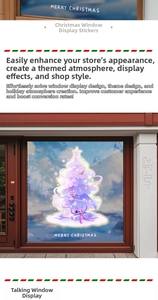 Detailed view of purple Christmas tree window sticker with Merry Christmas text for shop display