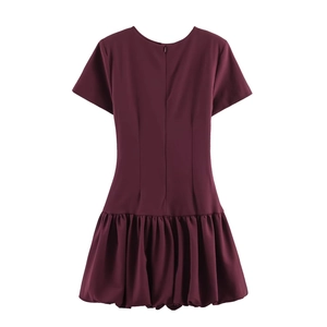 Fashionable wine red short puff sleeve dress with crew neck and pleated hem for women