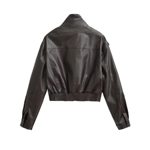 Rear view detail of dark brown faux leather jacket showing fine texture and stitching
