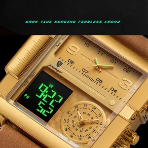 Poedagar dual-display square watch with gold brushed metal case and brown leather strap