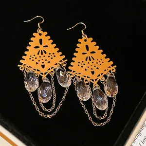 French vintage crystal drop tassel earrings with gold geometric triangle hollow design