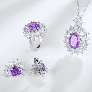 Elegant 925 silver jewelry set with oval purple stones and white crystal clusters
