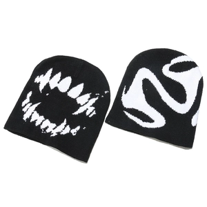 Funny personalized knitted beanie featuring black street style with white jacquard patterns