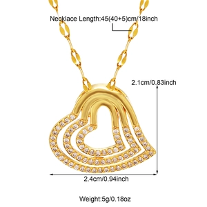 Three-layer hollow heart necklace in gold finish with sparkling cubic zirconia pavé