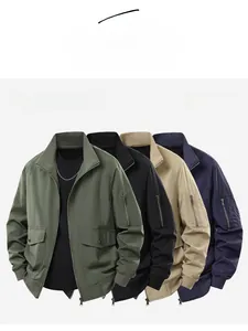 Detailed view of casual bomber jacket available in green, black, khaki, and navy blue