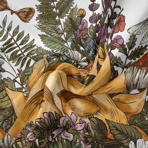 Macro shot of bohemian tapestry fabric showing vintage floral, butterfly and mushroom prints