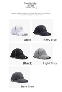 Detailed view of quick-dry baseball caps in five colors with retro logo and contrast stitching