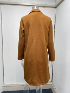 Back view of a caramel mid-length lapel coat made of warm wool blend fabric