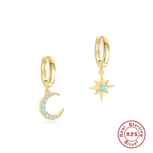 Gold plated 925 sterling silver hoop earrings with opal moon and star pendants