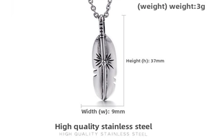 Detail view of 37mm feather pendant with size and 3g weight specs in stainless steel
