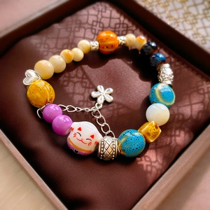 Lucky Cat Ceramic Beaded Bracelet Colorful Alloy Flower Heart Charm Elastic Jewelry For Women Girls Cute Sweet Style