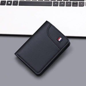 Minimalist Men Vertical Bifold Wallet PU Leather Litchi Pattern Ultra Thin Card Holder Stripe Decor Business Style