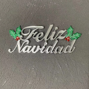 Silver glitter Feliz Navidad hanging ornament with red berries and green leaves