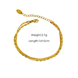 Detail view of gold double chain bracelet showing 2.7g weight and 16+5cm length