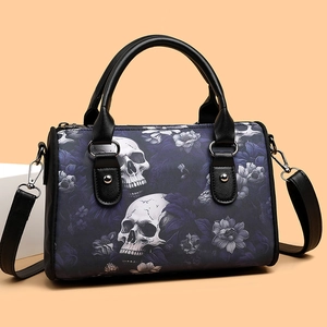 Gothic skull print boston handbag in purple and blue oxford cloth with crossbody strap