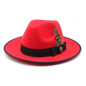 Detail of red wool fedora with black ribbon band and elegant spotted feather accent