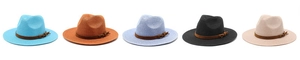 Row of colorful straw fedora hats in five vibrant shades with brown leather bands