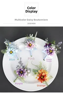 Detailed color display of boutonniere collection in blue, pink, purple, and orange silk
