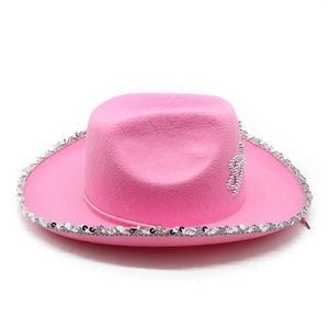 Pink western cowboy hat with silver sequin trim and heart accents on a white background