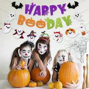 Happy Boo Day Halloween banner with ghost, pumpkin, and bat hanging party decorations