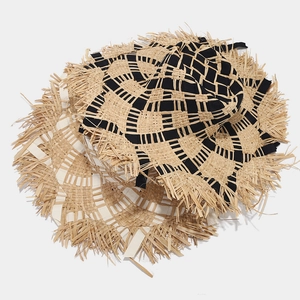 Dual-color raffia sun hat with wide brim and frayed edges for summer beach vacation