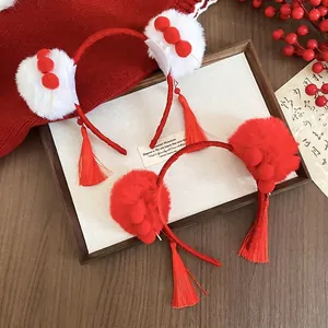 New Year red velvet headband with plush balls and tassel charms for women's hair styling