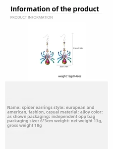 Colorful crystal spider earrings with detailed size dimensions of 6.5cm height and 3cm width