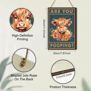 Rustic farmhouse Highland Cow bathroom sign with 'Are You Pooping?' humorous text