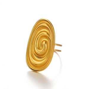 Minimalist gold stainless steel geometric oval ring with spiral swirl pattern for women