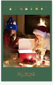 Close-up of children wearing festive LED Christmas knitted hats near a cozy fireplace