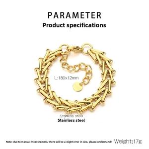 Detailed view of gold stainless steel link bracelet with 180mm length and 12mm width specs