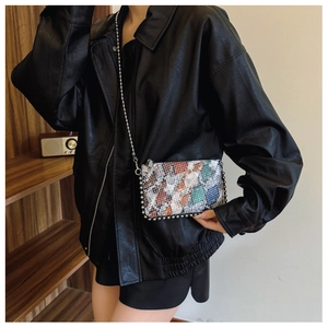 Fashionable snake pattern patchwork crossbody bag with silver bead chain and metal studs