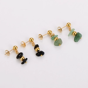 Minimalist stainless steel stud earrings with natural black and green stone beads