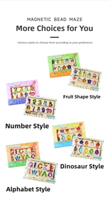 Detail view of four magnetic maze educational toys featuring fruit and number themes