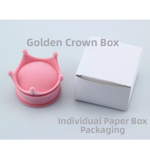 Pink crown-shaped velvet jewelry box detail showing the matching white outer paper packaging