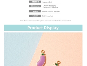 Detailed view of cartoon eggplant and chili pendants made of alloy for DIY jewelry making