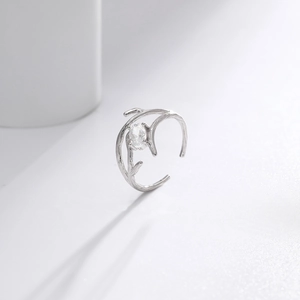 Minimalist S925 sterling silver branch ring with sparkling oval zircon for women