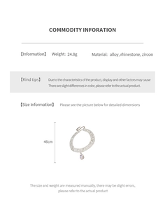 Detailed spec sheet for teardrop pendant necklace in alloy, rhinestone and zircon